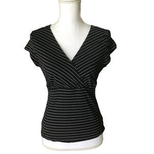 Von Mozart Womens Vintage Black & White Striped Fitted Top Size L Cap Sleeves